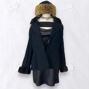 Vintage 90s Elegant Black Wool Brown Faux Fur Trim Tailored Jacket 12 / L